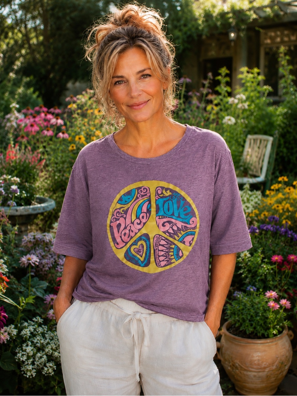 BlueVelvet M Purple Peace & Love Graphic Tee
